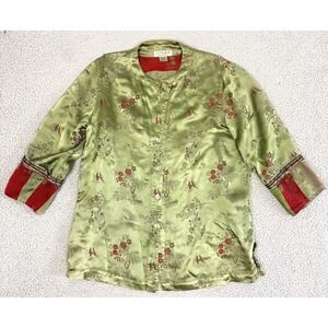 Citron Santa Monica Shirt Tunic Green Rayon Mandarin Collar Floral Asian